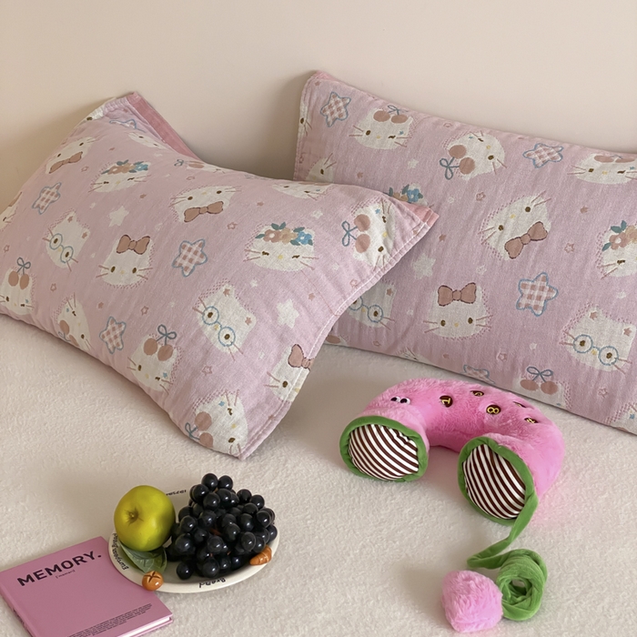 91家纺网 家纺一手货源 找家纺 麻依 2025新款治愈风全棉纯棉四层纱布枕巾 粉星KT