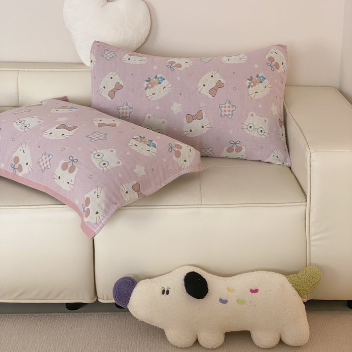 91家纺网 家纺一手货源 找家纺 麻依 2025新款治愈风全棉纯棉四层纱布枕巾 粉星KT