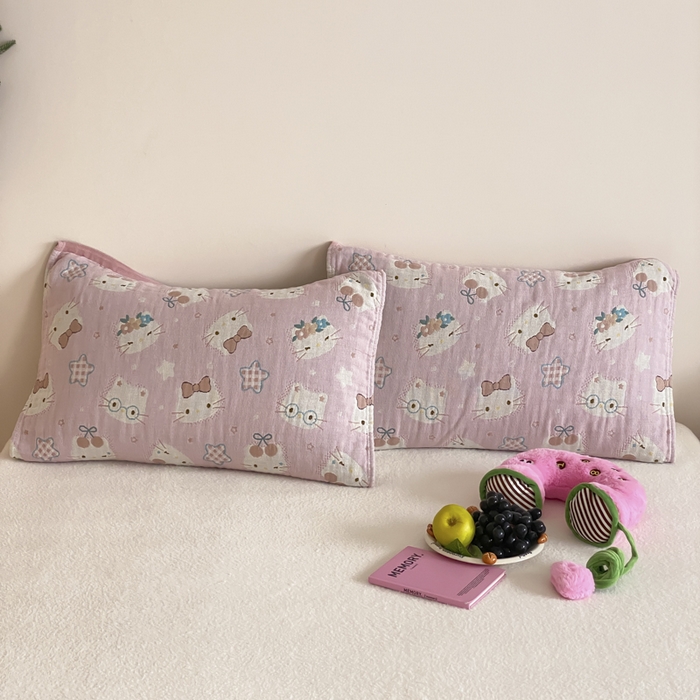 91家纺网 家纺一手货源 找家纺 麻依 2025新款治愈风全棉纯棉四层纱布枕巾 粉星KT