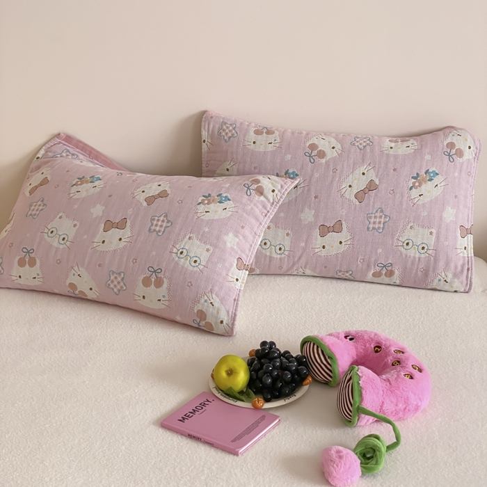 91家纺网 家纺一手货源 找家纺 麻依 2025新款治愈风全棉纯棉四层纱布枕巾 粉星KT