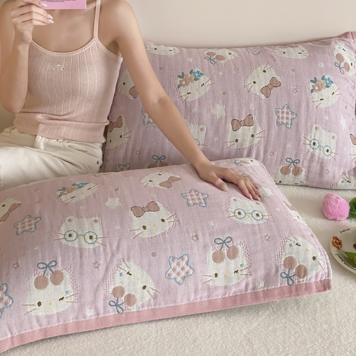 91家纺网 家纺一手货源 找家纺 麻依 2025新款治愈风全棉纯棉四层纱布枕巾 粉星KT