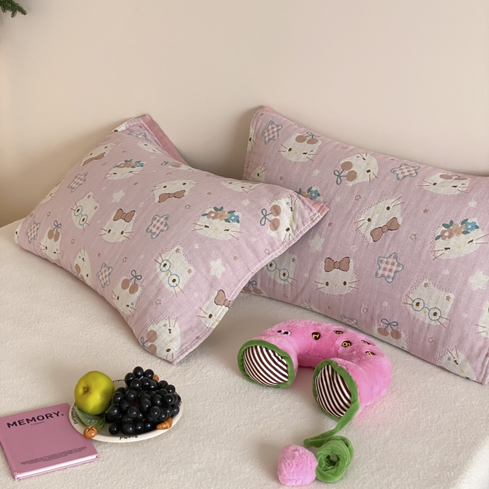 91家纺网 家纺一手货源 找家纺 麻依 2025新款治愈风全棉纯棉四层纱布枕巾 粉星KT