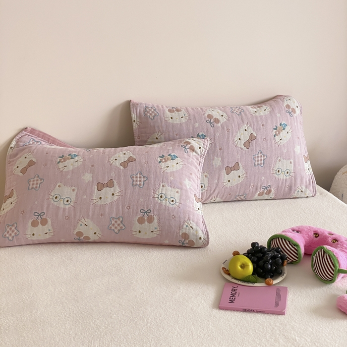 91家纺网 家纺一手货源 找家纺 麻依 2025新款治愈风全棉纯棉四层纱布枕巾 粉星KT