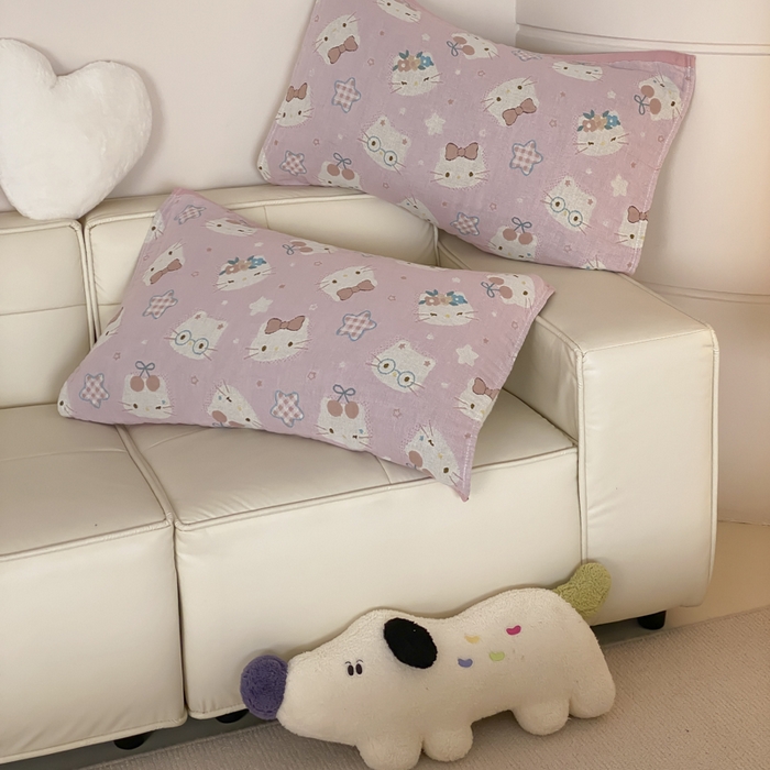 91家纺网 家纺一手货源 找家纺 麻依 2025新款治愈风全棉纯棉四层纱布枕巾 粉星KT