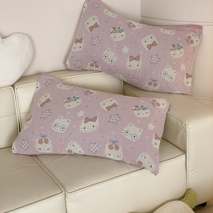 91家纺网 家纺一手货源 找家纺 麻依 2025新款治愈风全棉纯棉四层纱布枕巾 粉星KT