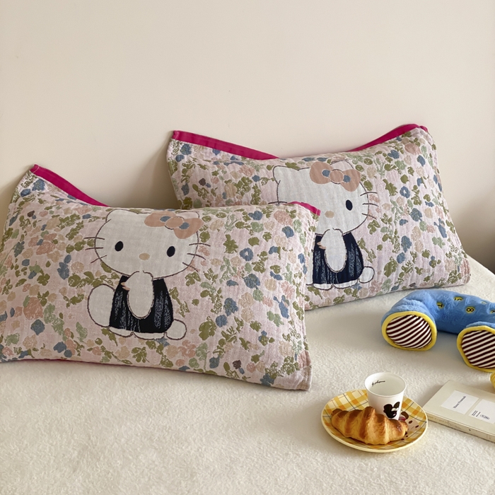 91家纺网 家纺一手货源 找家纺 麻依 2025新款治愈风全棉纯棉四层纱布枕巾 花丛KT