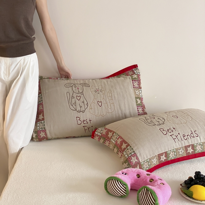 91家纺网 家纺一手货源 找家纺 麻依 2025新款治愈风全棉纯棉四层纱布枕巾 贴布猫