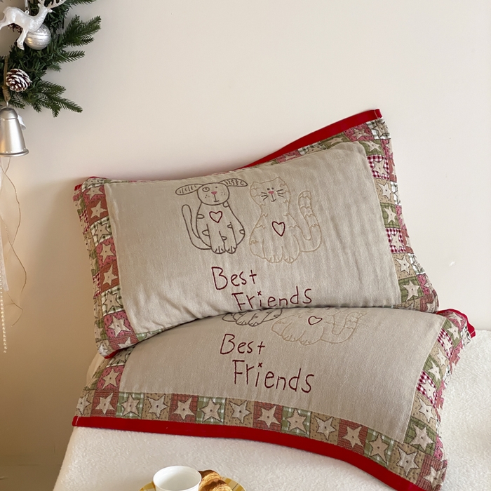 91家纺网 家纺一手货源 找家纺 麻依 2025新款治愈风全棉纯棉四层纱布枕巾 贴布猫