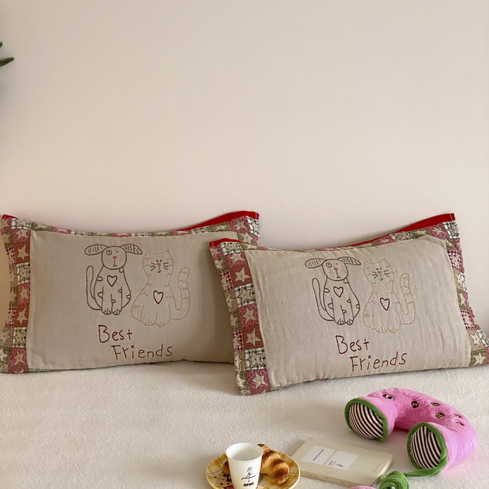 91家纺网 家纺一手货源 找家纺 麻依 2025新款治愈风全棉纯棉四层纱布枕巾 贴布猫