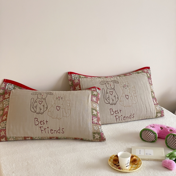 91家纺网 家纺一手货源 找家纺 麻依 2025新款治愈风全棉纯棉四层纱布枕巾 贴布猫