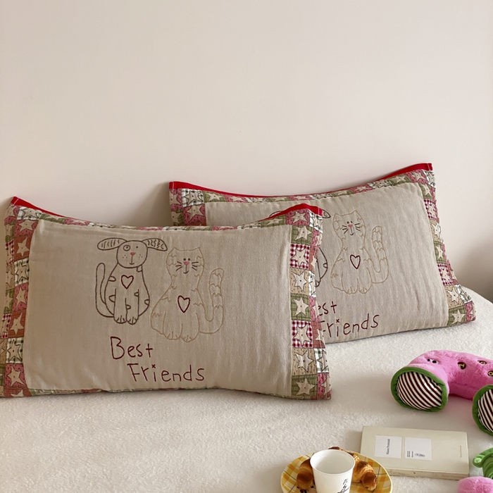 91家纺网 家纺一手货源 找家纺 麻依 2025新款治愈风全棉纯棉四层纱布枕巾 贴布猫