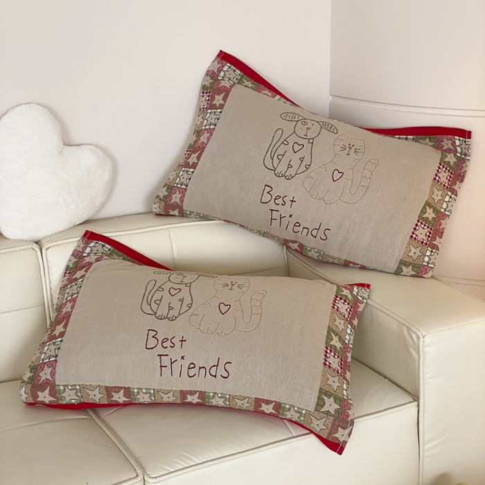 91家纺网 家纺一手货源 找家纺 麻依 2025新款治愈风全棉纯棉四层纱布枕巾 贴布猫