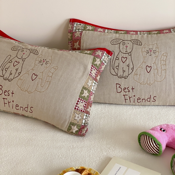 91家纺网 家纺一手货源 找家纺 麻依 2025新款治愈风全棉纯棉四层纱布枕巾 贴布猫