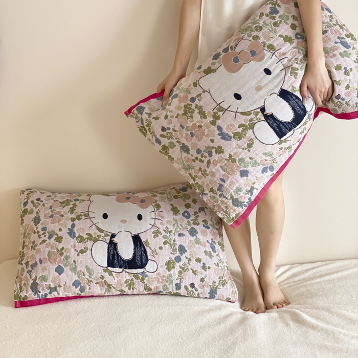 91家纺网 家纺一手货源 找家纺 麻依 2025新款治愈风全棉纯棉四层纱布枕巾 花丛KT