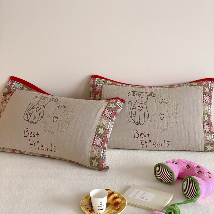 麻依 2025新款治愈风全棉纯棉四层纱布枕巾 贴布猫