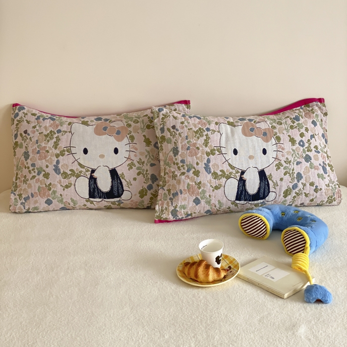 91家纺网 家纺一手货源 找家纺 麻依 2025新款治愈风全棉纯棉四层纱布枕巾 花丛KT