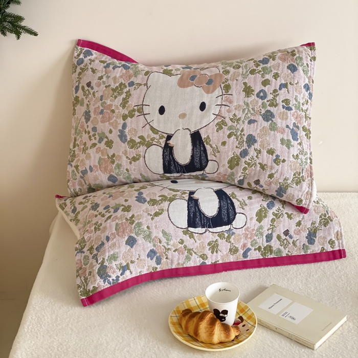 91家纺网 家纺一手货源 找家纺 麻依 2025新款治愈风全棉纯棉四层纱布枕巾 花丛KT