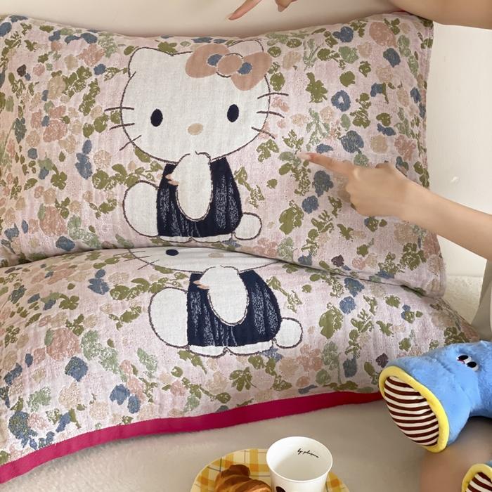 91家纺网 家纺一手货源 找家纺 麻依 2025新款治愈风全棉纯棉四层纱布枕巾 花丛KT