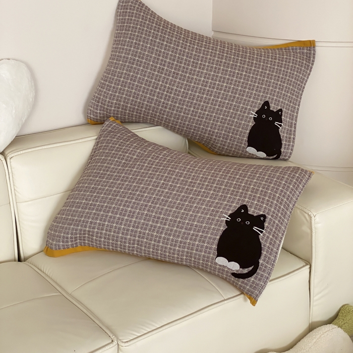 91家纺网 家纺一手货源 找家纺 麻依 2025新款治愈风全棉纯棉四层纱布枕巾 可可小猫