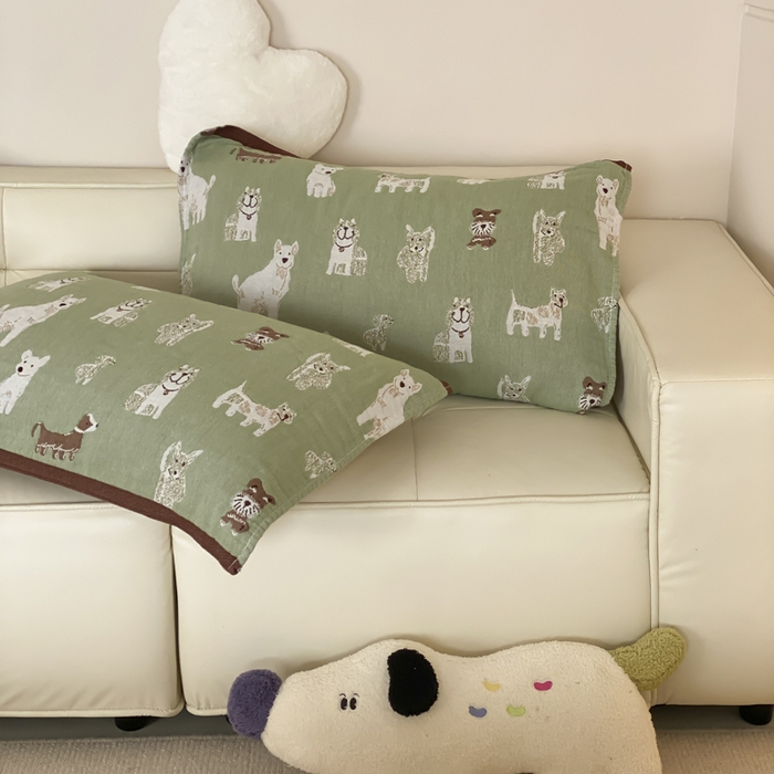 91家纺网 家纺一手货源 找家纺 麻依 2025新款治愈风全棉纯棉四层纱布枕巾 好多狗