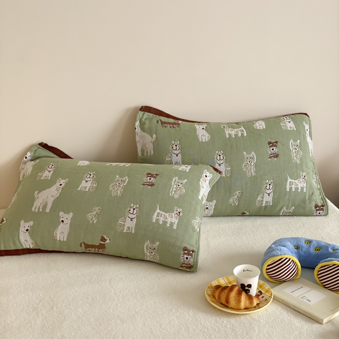 麻依 2025新款治愈风全棉纯棉四层纱布枕巾 好多狗