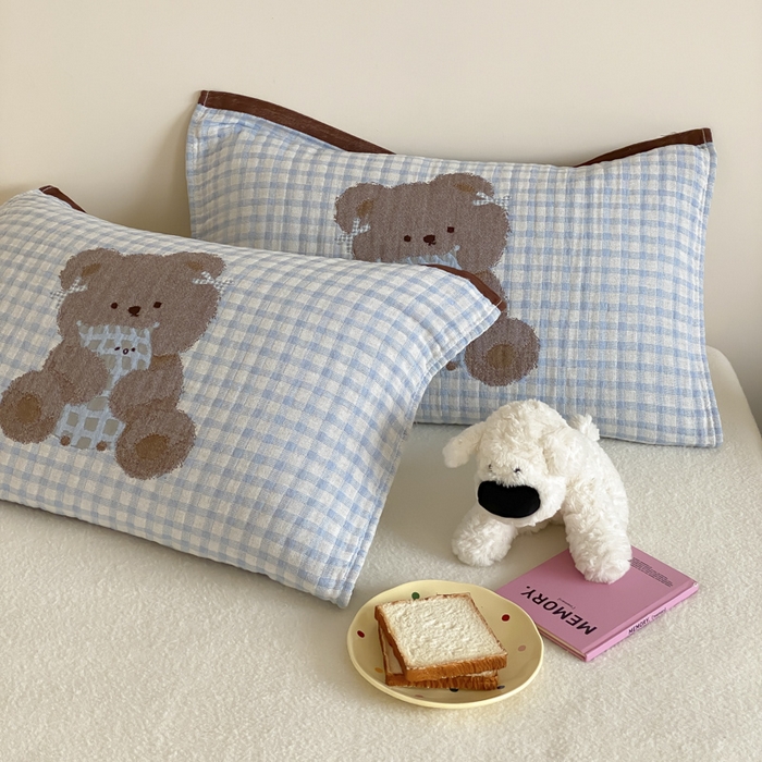 麻依 2025新款治愈风全棉纯棉四层纱布枕巾 抱枕小熊