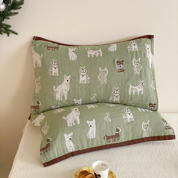 91家纺网 家纺一手货源 找家纺 麻依 2025新款治愈风全棉纯棉四层纱布枕巾 好多狗