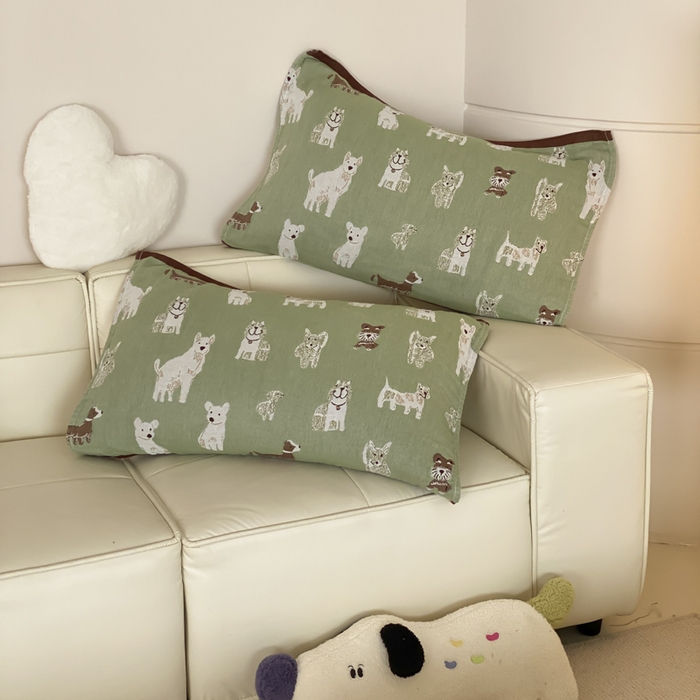 91家纺网 家纺一手货源 找家纺 麻依 2025新款治愈风全棉纯棉四层纱布枕巾 好多狗