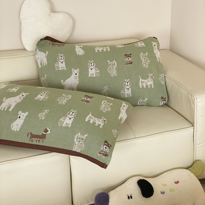 91家纺网 家纺一手货源 找家纺 麻依 2025新款治愈风全棉纯棉四层纱布枕巾 好多狗