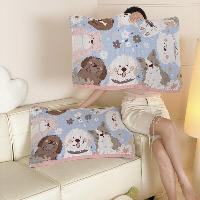 91家纺网 家纺一手货源 找家纺 麻依 2025新款治愈风全棉纯棉四层纱布枕巾 暖心小狗