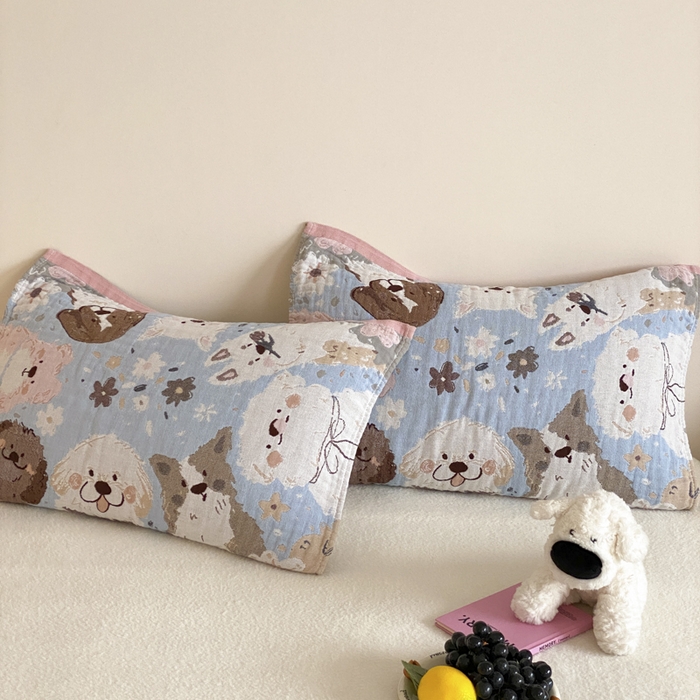 麻依 2025新款治愈风全棉纯棉四层纱布枕巾 暖心小狗