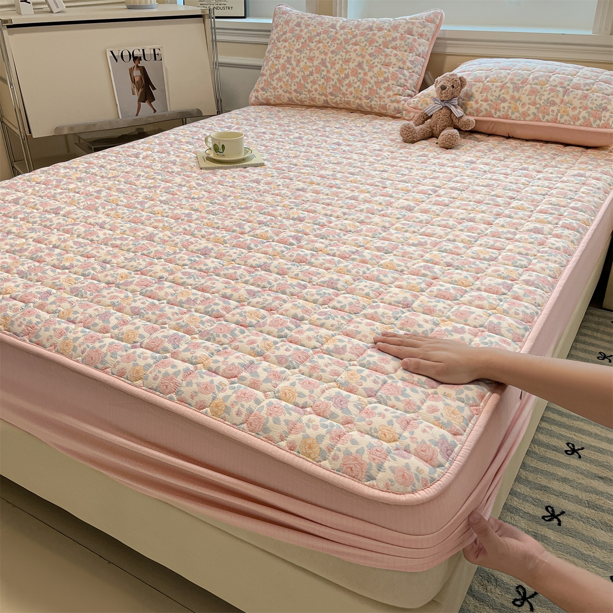 91家纺网 家纺一手货源 找家纺 （总）九亭家纺 2025新款A类皱皱纱印花防水夹棉床笠