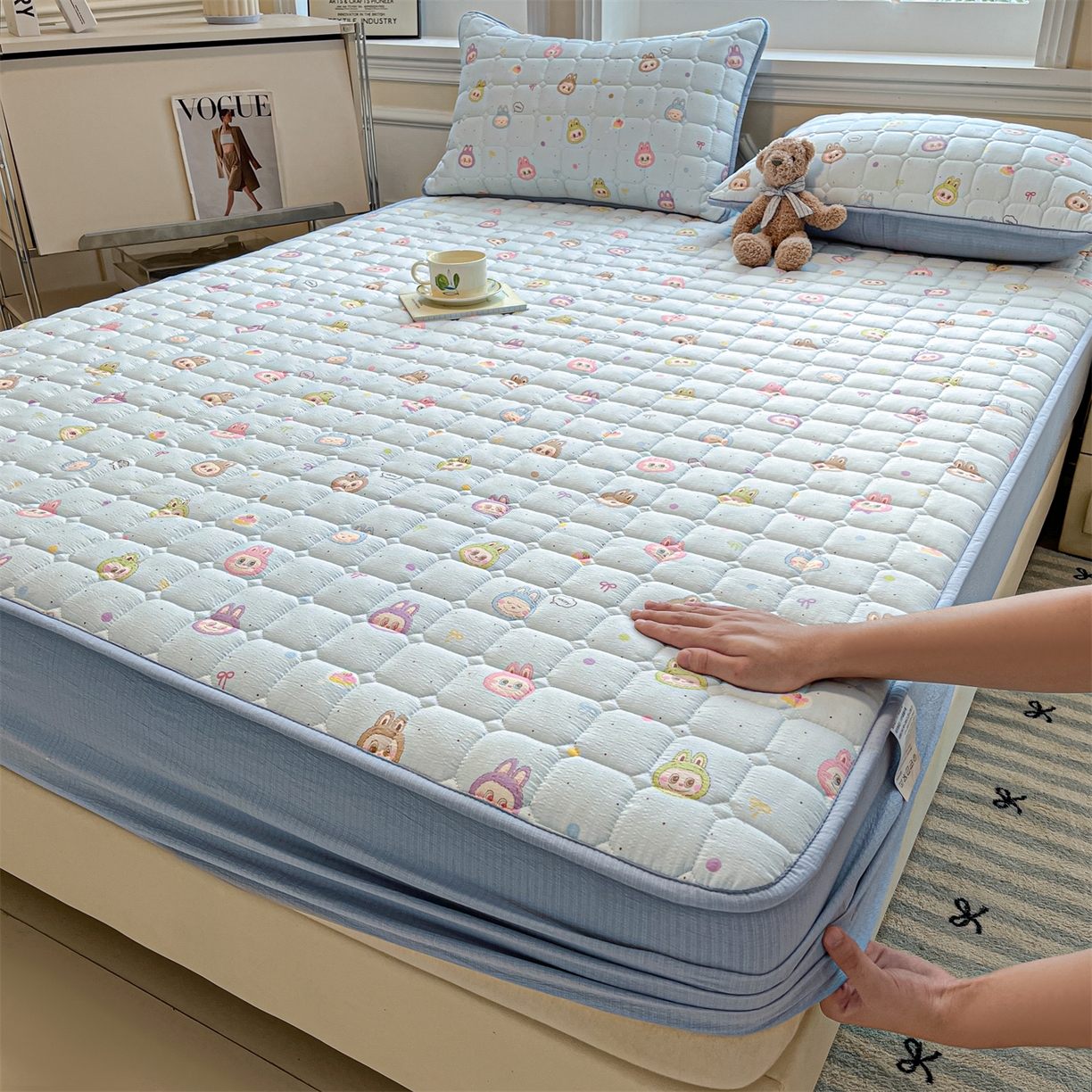 91家纺网 家纺一手货源 找家纺 （总）九亭家纺 2025新款A类皱皱纱印花防水夹棉床笠