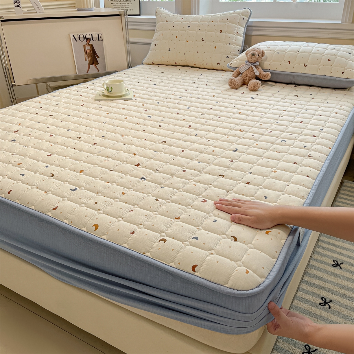 91家纺网 家纺一手货源 找家纺 （总）九亭家纺 2025新款A类皱皱纱印花防水夹棉床笠