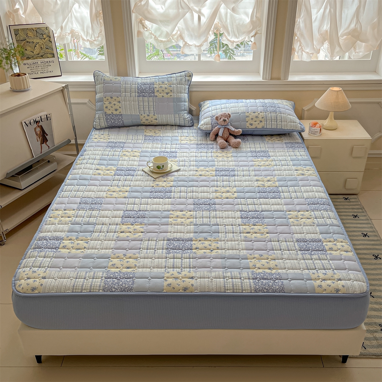 91家纺网 家纺一手货源 找家纺 九亭家纺 2025新款A类皱皱纱印花防水夹棉床笠 防水款-拼色漫眠