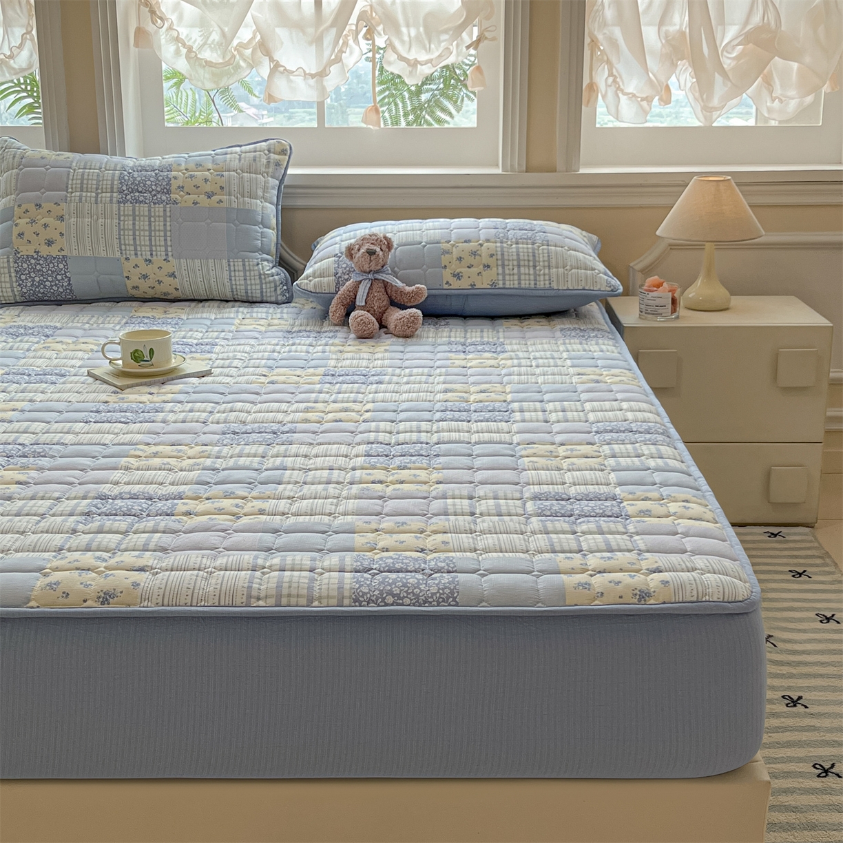 91家纺网 家纺一手货源 找家纺 九亭家纺 2025新款A类皱皱纱印花防水夹棉床笠 防水款-拼色漫眠