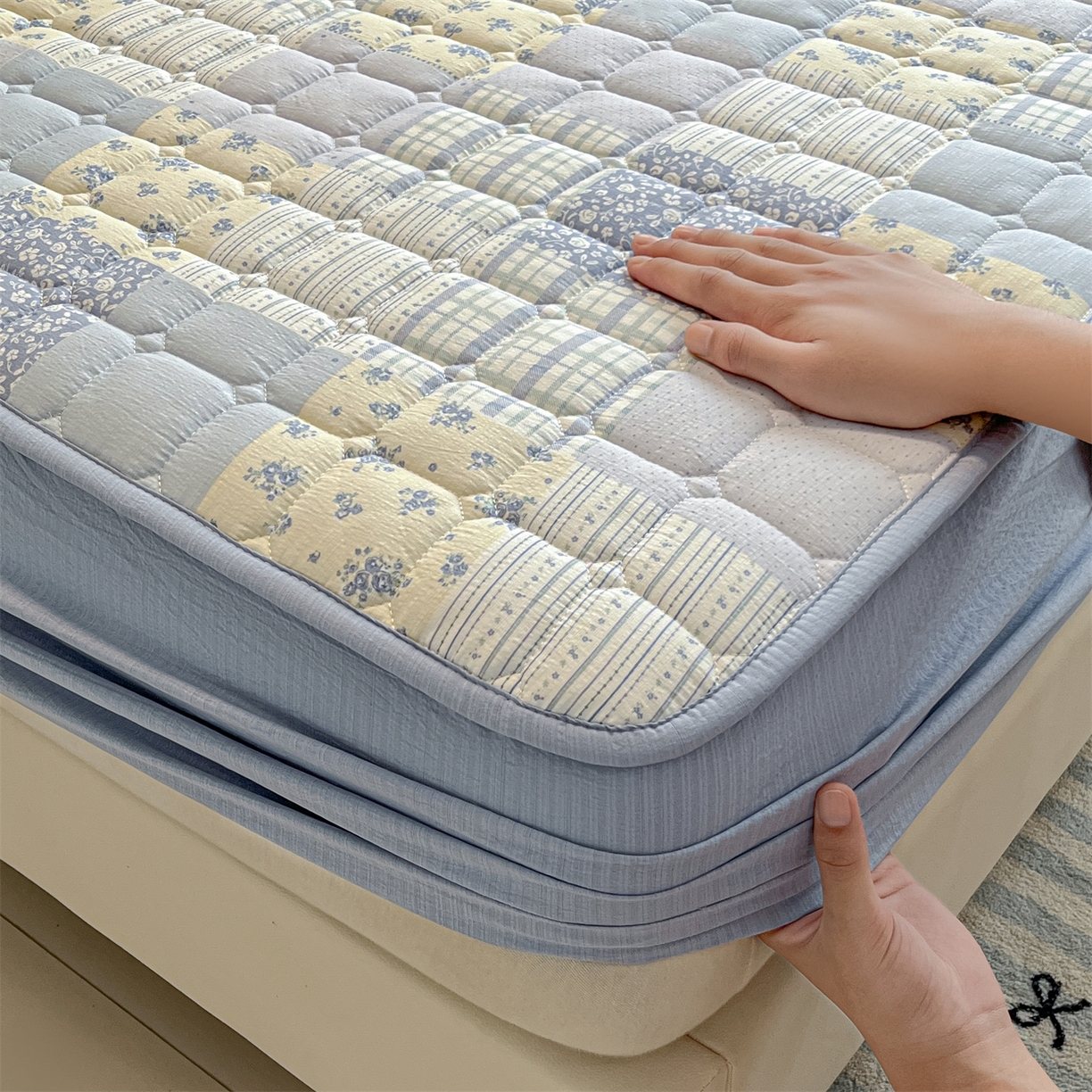 91家纺网 家纺一手货源 找家纺 九亭家纺 2025新款A类皱皱纱印花防水夹棉床笠 防水款-拼色漫眠