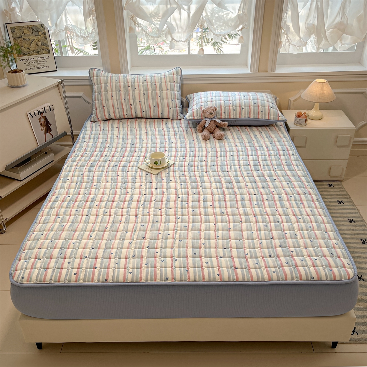 91家纺网 家纺一手货源 找家纺 九亭家纺 2025新款A类皱皱纱印花防水夹棉床笠 防水款-心纹雅眠