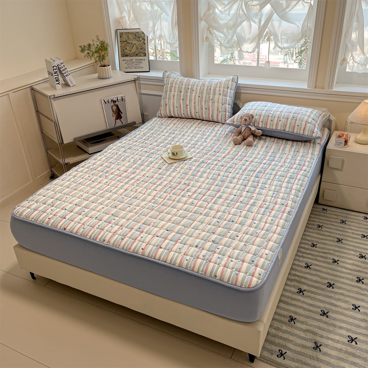 91家纺网 家纺一手货源 找家纺 九亭家纺 2025新款A类皱皱纱印花防水夹棉床笠 防水款-心纹雅眠