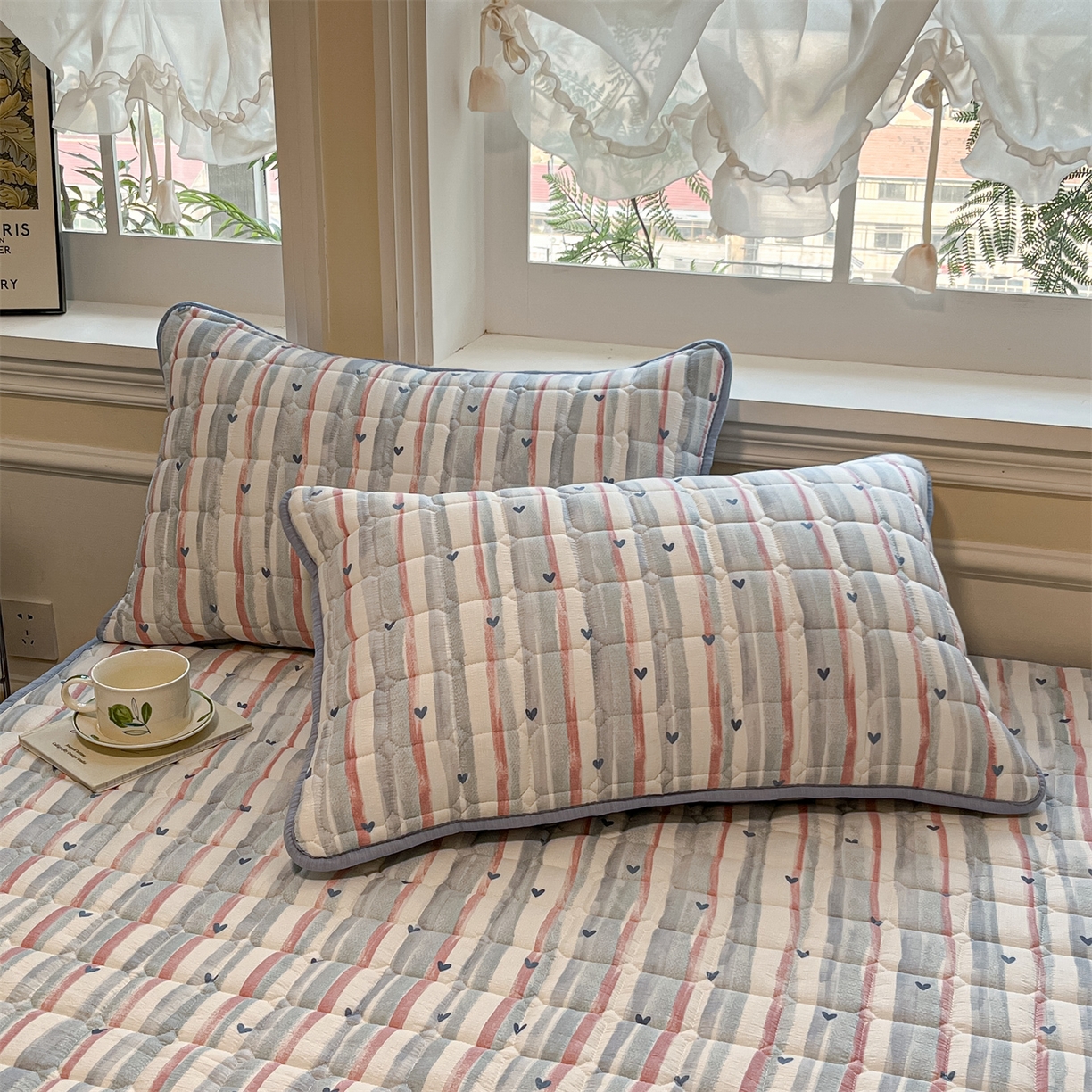 91家纺网 家纺一手货源 找家纺 九亭家纺 2025新款A类皱皱纱印花防水夹棉床笠 防水款-心纹雅眠