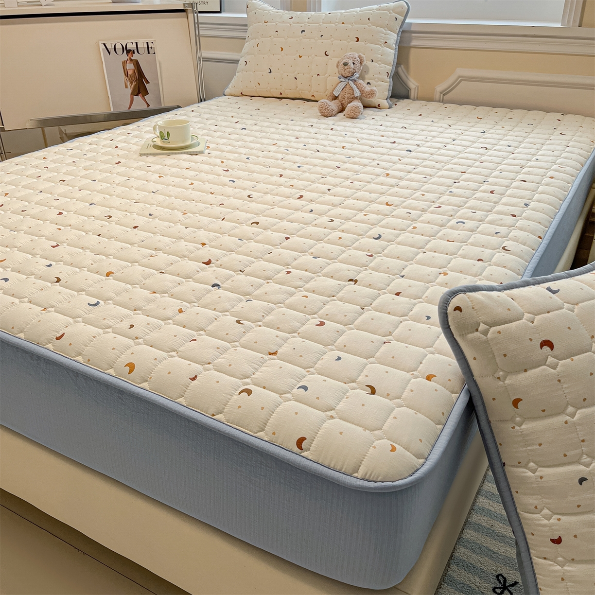 91家纺网 家纺一手货源 找家纺 九亭家纺 2025新款A类皱皱纱印花防水夹棉床笠 防水款-星眠之榻