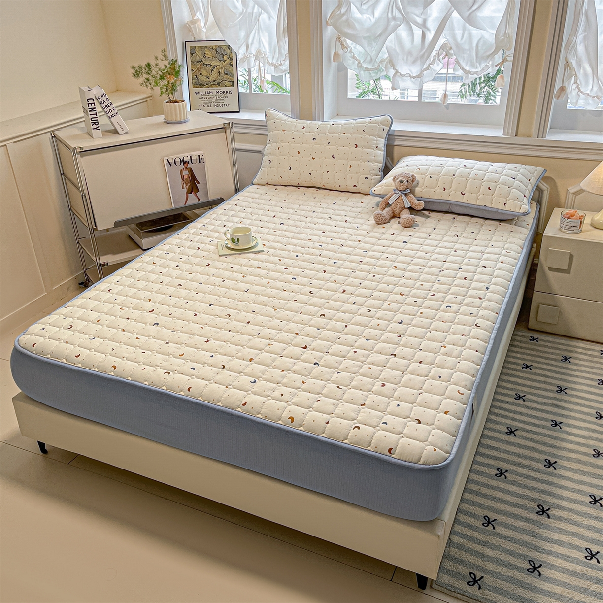 91家纺网 家纺一手货源 找家纺 九亭家纺 2025新款A类皱皱纱印花防水夹棉床笠 防水款-星眠之榻