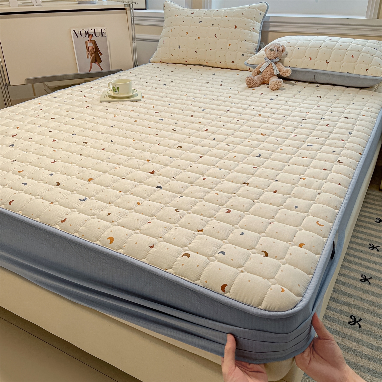 91家纺网 家纺一手货源 找家纺 九亭家纺 2025新款A类皱皱纱印花防水夹棉床笠 防水款-星眠之榻