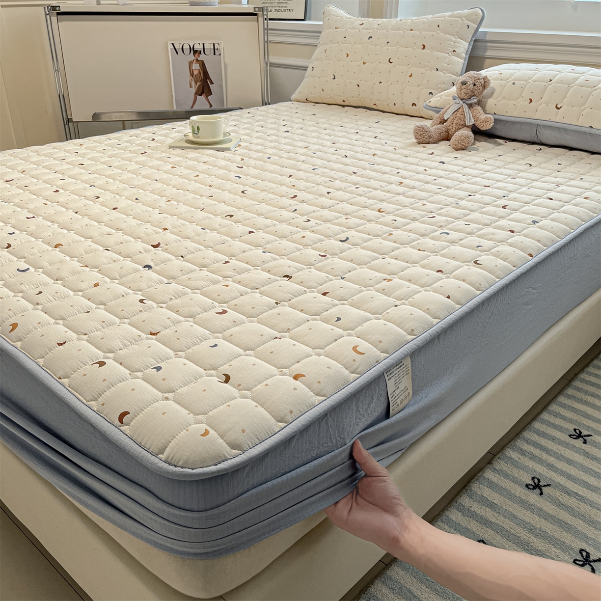 91家纺网 家纺一手货源 找家纺 九亭家纺 2025新款A类皱皱纱印花防水夹棉床笠 防水款-星眠之榻