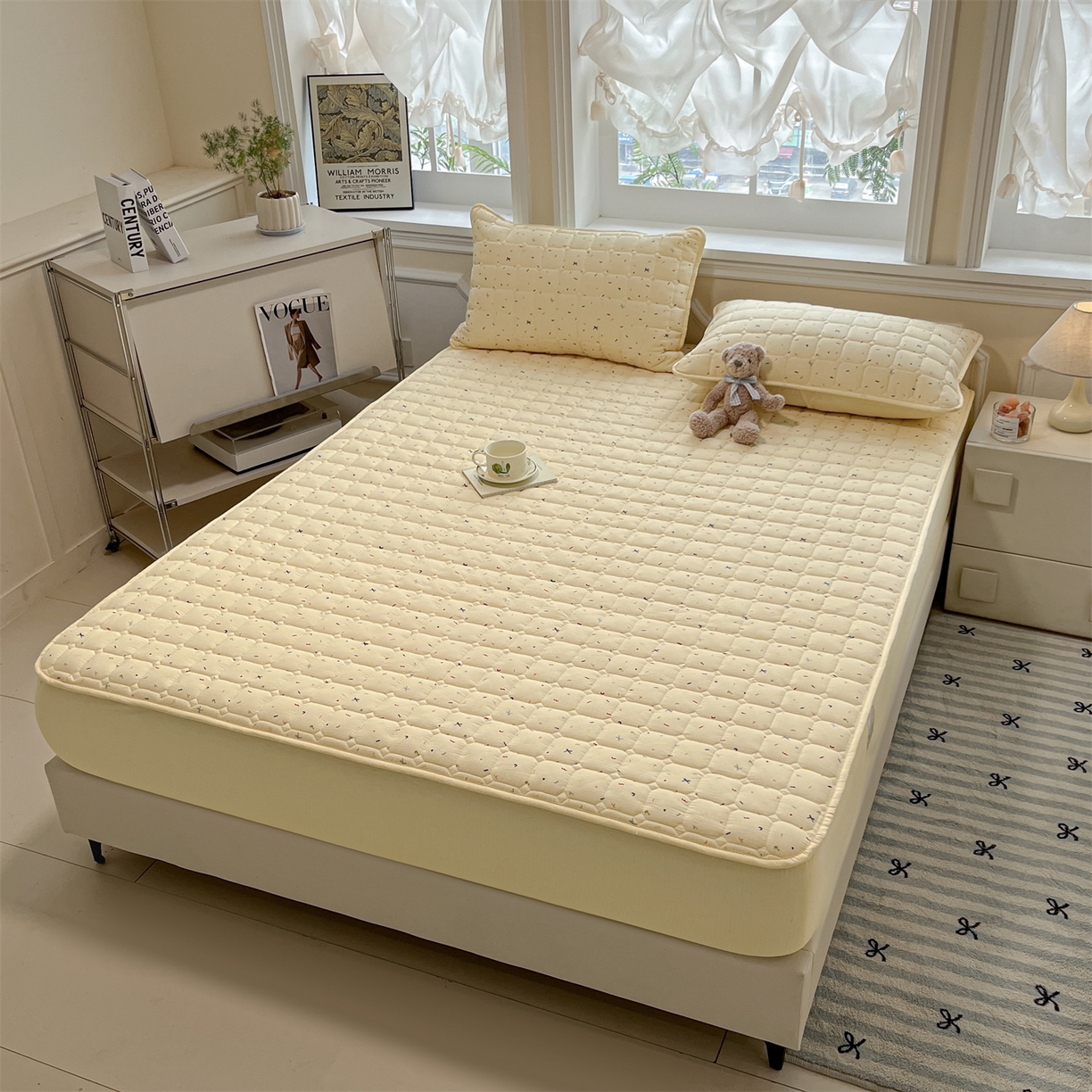 91家纺网 家纺一手货源 找家纺 九亭家纺 2025新款A类皱皱纱印花防水夹棉床笠 防水款-星糖眠境