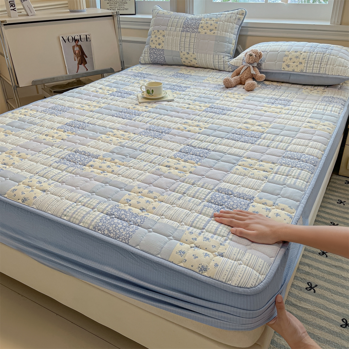 九亭家纺 2025新款A类皱皱纱印花防水夹棉床笠 普通款-拼色漫眠