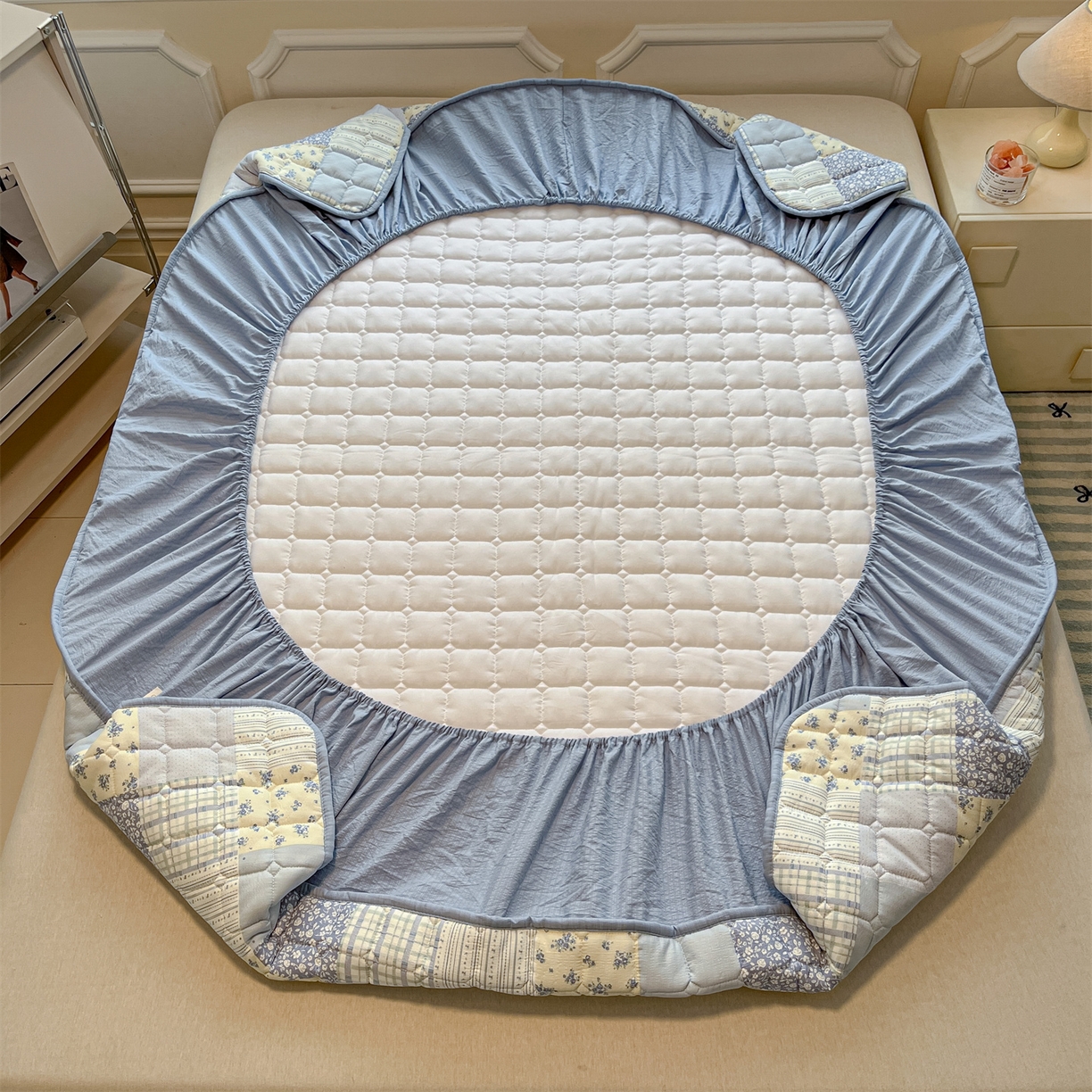 91家纺网 家纺一手货源 找家纺 九亭家纺 2025新款A类皱皱纱印花防水夹棉床笠 普通款-拼色漫眠