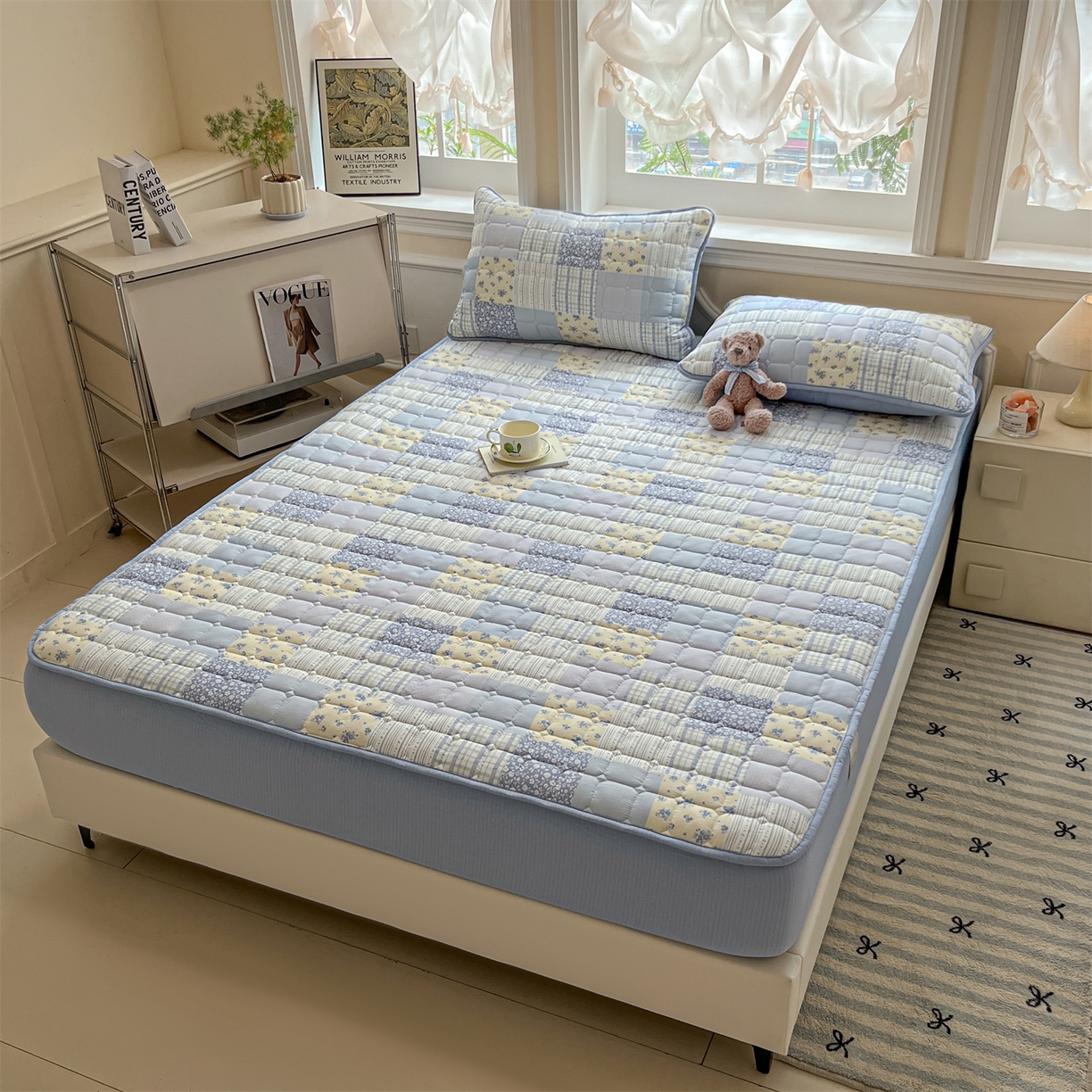 91家纺网 家纺一手货源 找家纺 九亭家纺 2025新款A类皱皱纱印花防水夹棉床笠 普通款-拼色漫眠