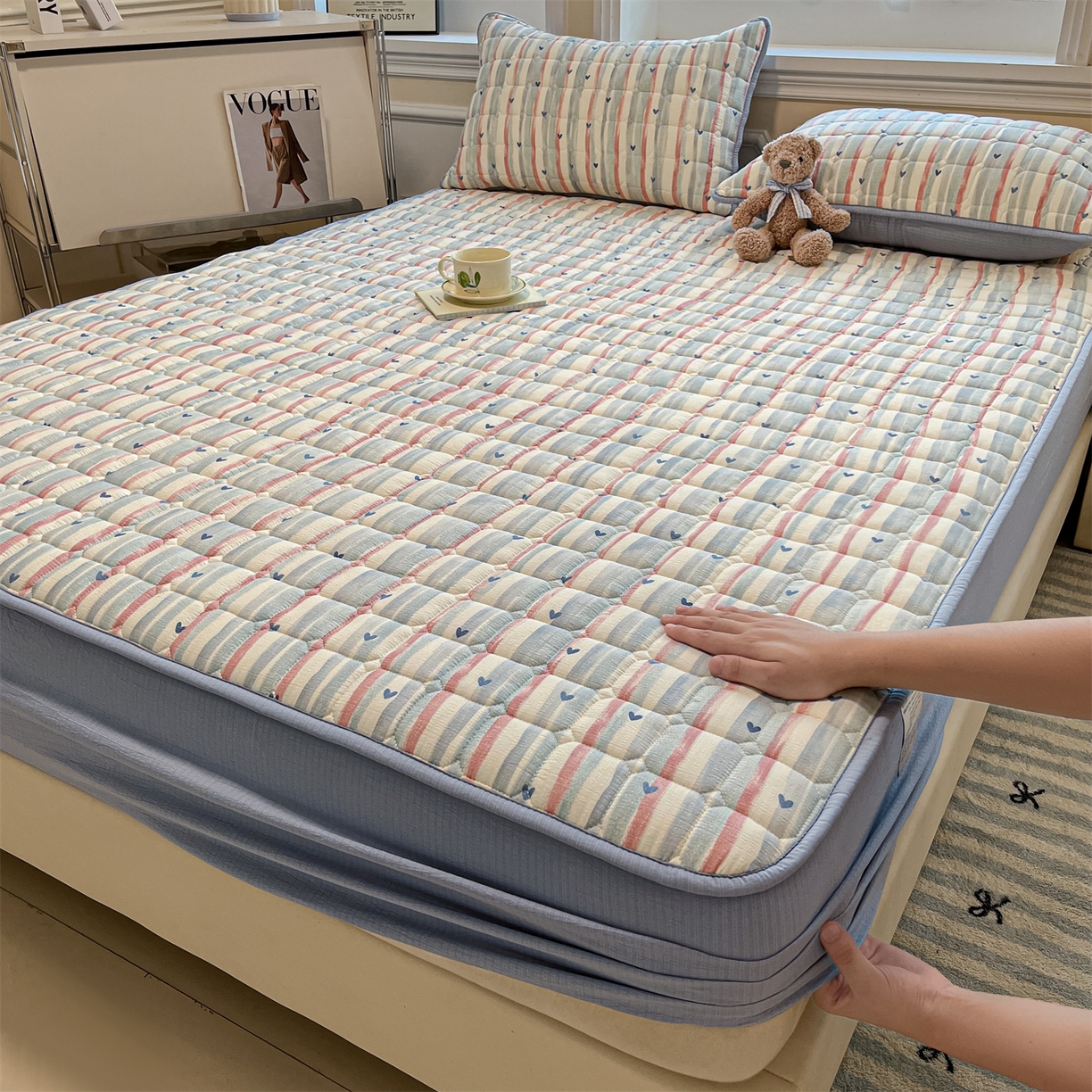 九亭家纺 2025新款A类皱皱纱印花防水夹棉床笠 普通款-心纹雅眠