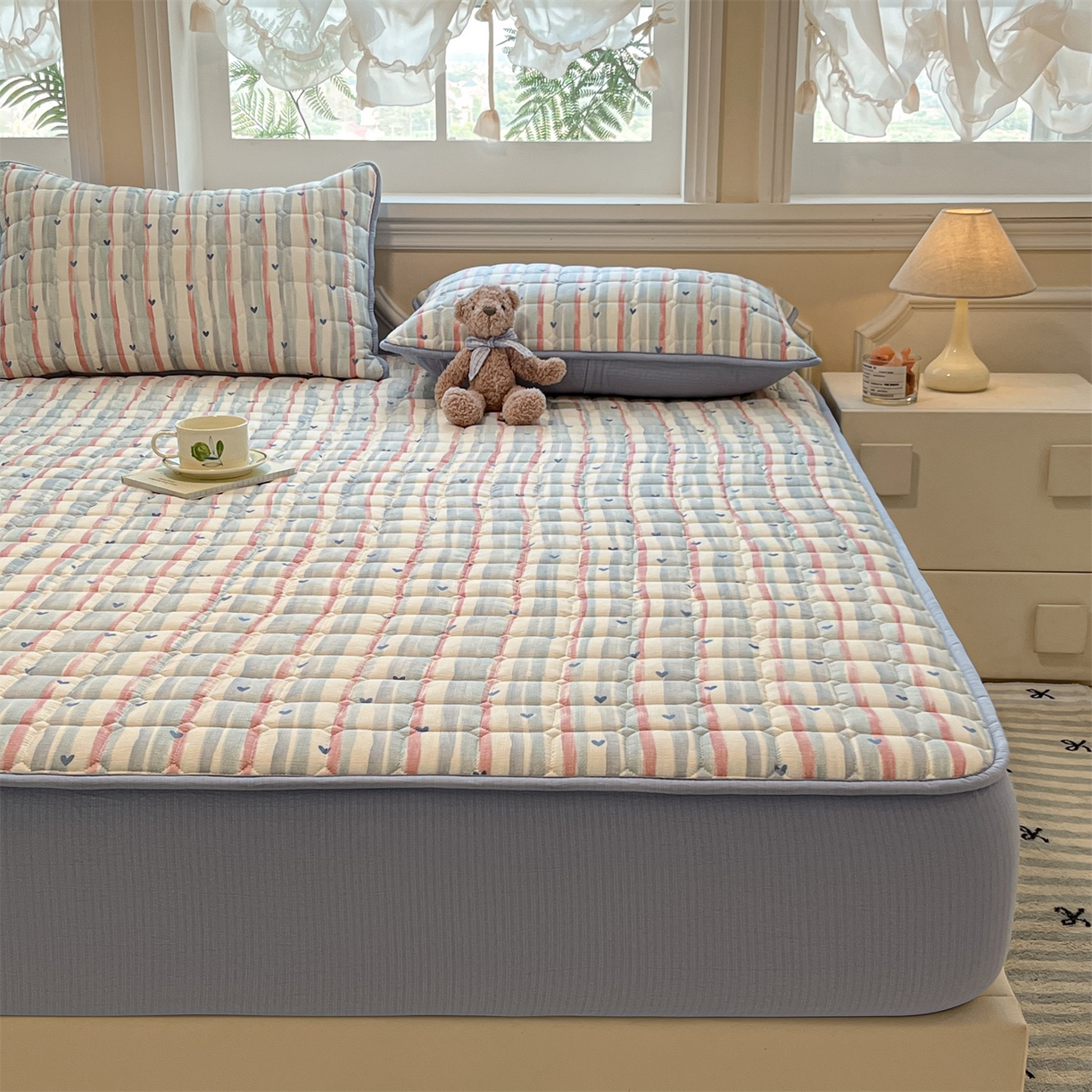 91家纺网 家纺一手货源 找家纺 九亭家纺 2025新款A类皱皱纱印花防水夹棉床笠 普通款-心纹雅眠